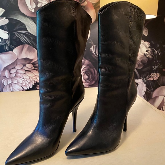 Lucchese Black Leather Half Calf Stiletto Boots - Picture 2 of 9
